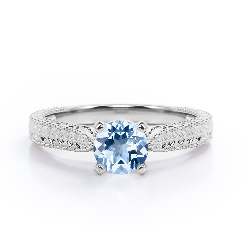 Antique Art Deco 1 Carat Round Cut Aquamarine Four Prong Solitaire Engagement Ring In Rose Gold