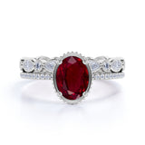 Elegant Antique Design 1.50 Carat Oval Cut Lab Ruby and Diamond Wedding Ring Set with Art Deco Band in White Gold