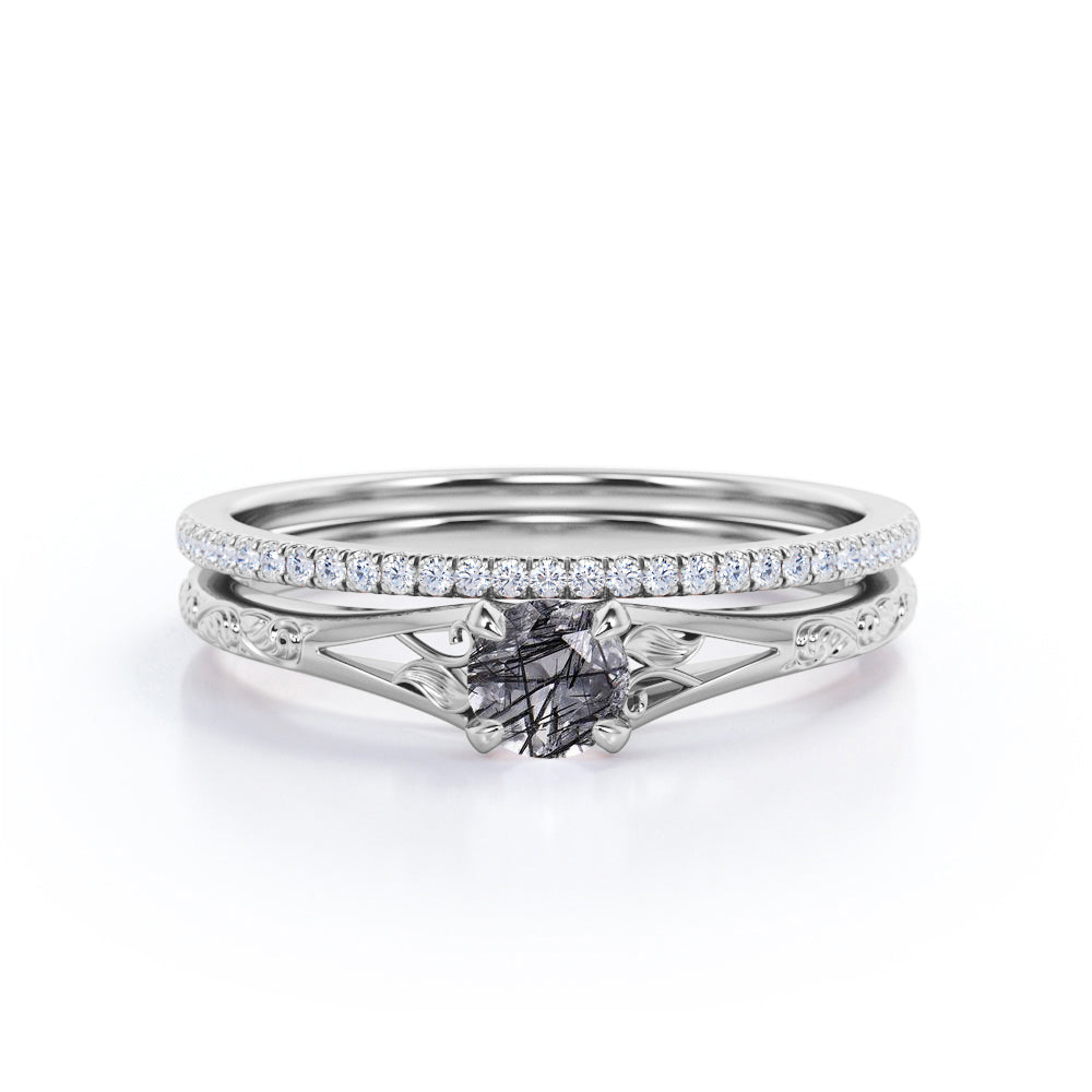 Delicate Dainty 1.50 Carat Round Cut Genuine Mystic Black Rutilated Quartz and Diamond Half Eternity Pave Filigree Band Wedding Ring Sets - Bridal Set Rings