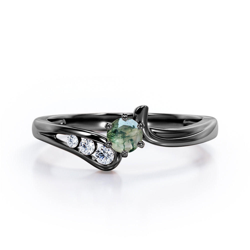 Curved Band - Six Prongs 0.5 carat Round Green Moss Agate and Moissanite Artistic Engagement Ring in Rose Gold
