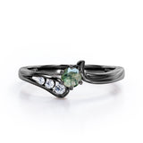 Curved Band - Six Prongs 0.5 carat Round Green Moss Agate and Moissanite Artistic Engagement Ring in Rose Gold