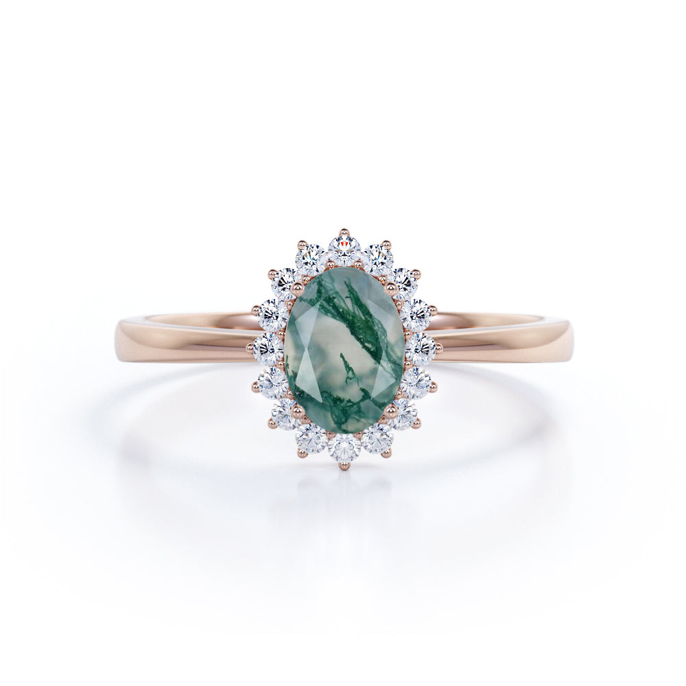 Solitaire Snowflake Style 1.25 Carat Oval Cut Milky White Moss Green Agate and Diamond Halo Engagement Ring
