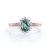Solitaire Snowflake Style 1.25 Carat Oval Cut Milky White Moss Green Agate and Diamond Halo Engagement Ring