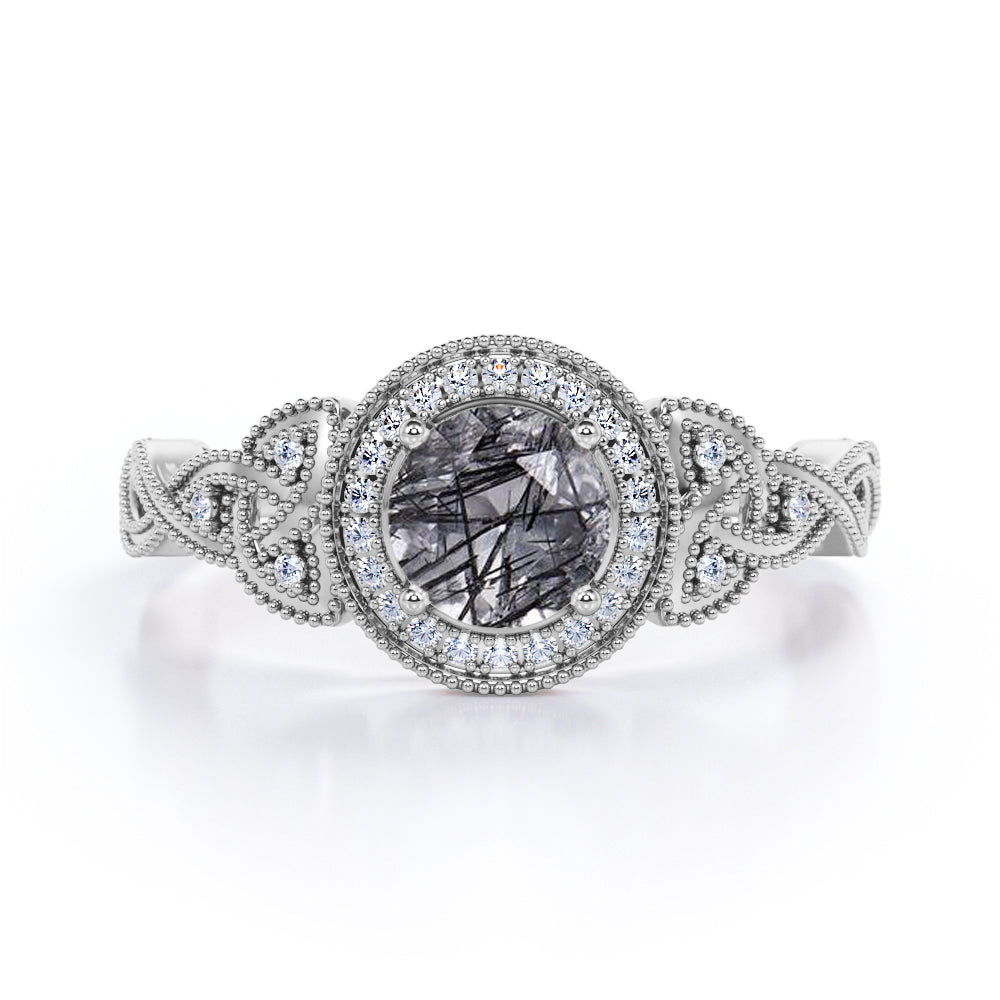 Intertwined 1.35 Carat Infinity Round Cut Natural Black Rutilated Quartz And Diamond Vintage Milgrain Halo Engagement Ring In White Gold For Her