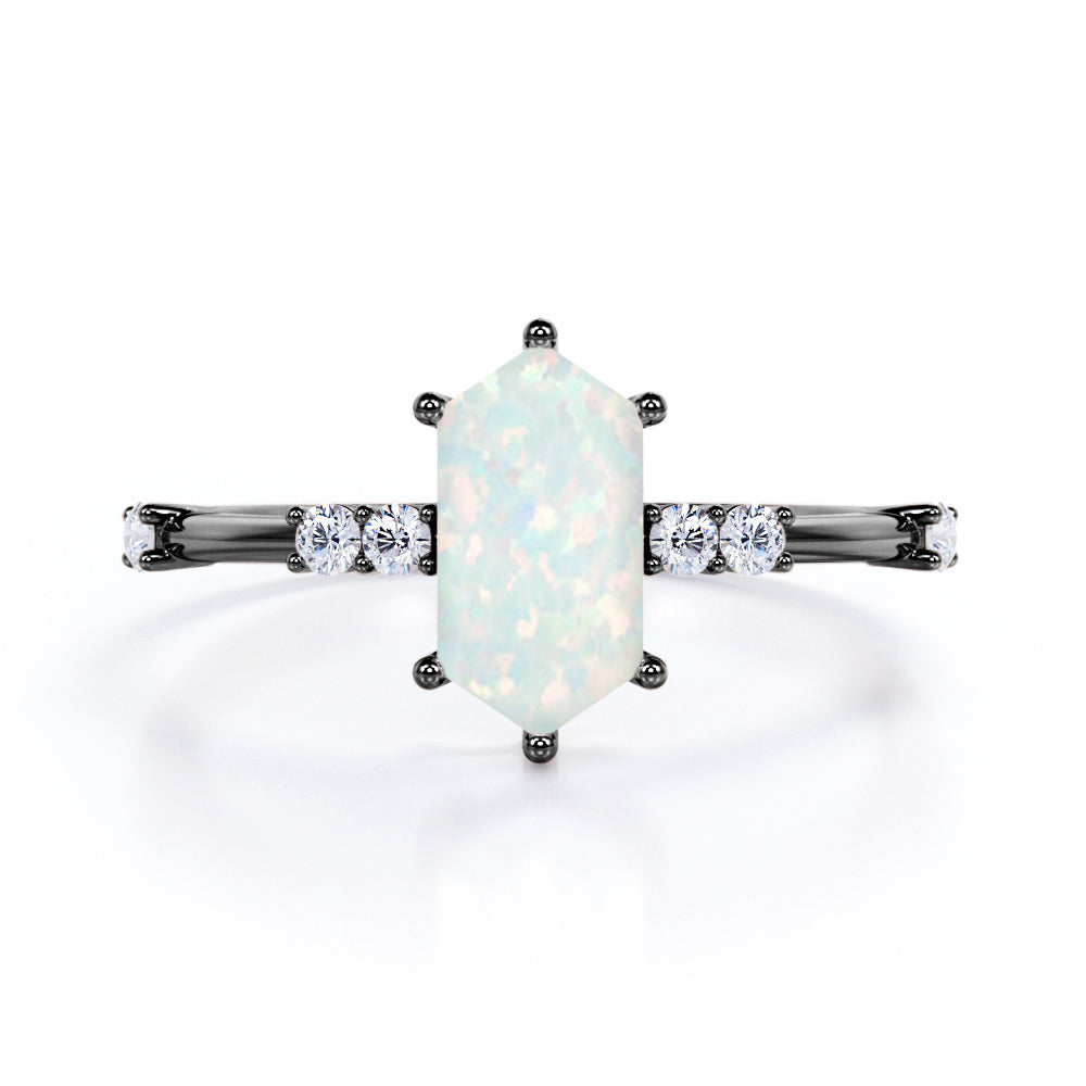 Asymmetric Six Prong 1.10 Carat Hexagon Cut Fiery Opal And Diamond Seven Stone Engagement Ring In Rose Gold