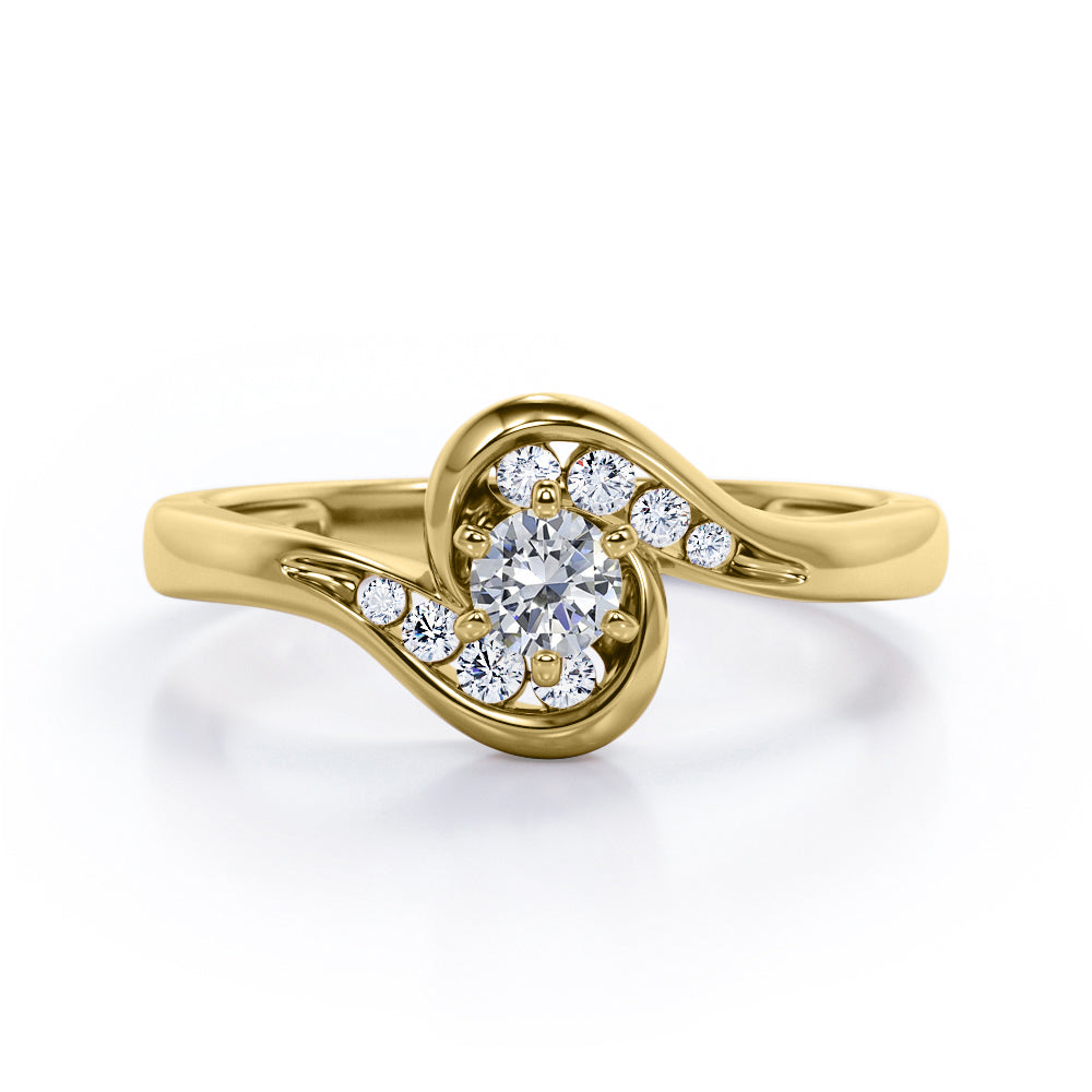 Whirly Gemstone 0.55 carat Round Moissanite and Diamonds Artistic Engagement Ring in Rose Gold
