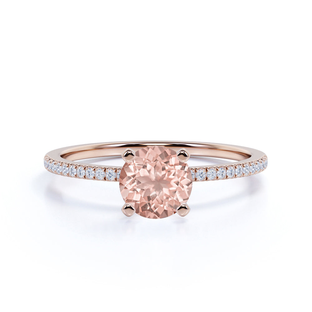 Six Prong Set 1.25 Carat Round Cut Morganite and Diamond Engagement Ring in White Gold