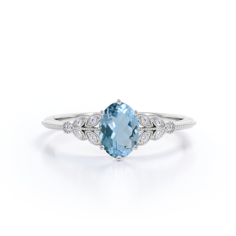 Unique Flower Style 1.50 Carat Oval Cut Natural Deep Blue Aquamarine and Diamond Marquise Dot Milgrain Art Deco Engagement Ring in Rose Gold
