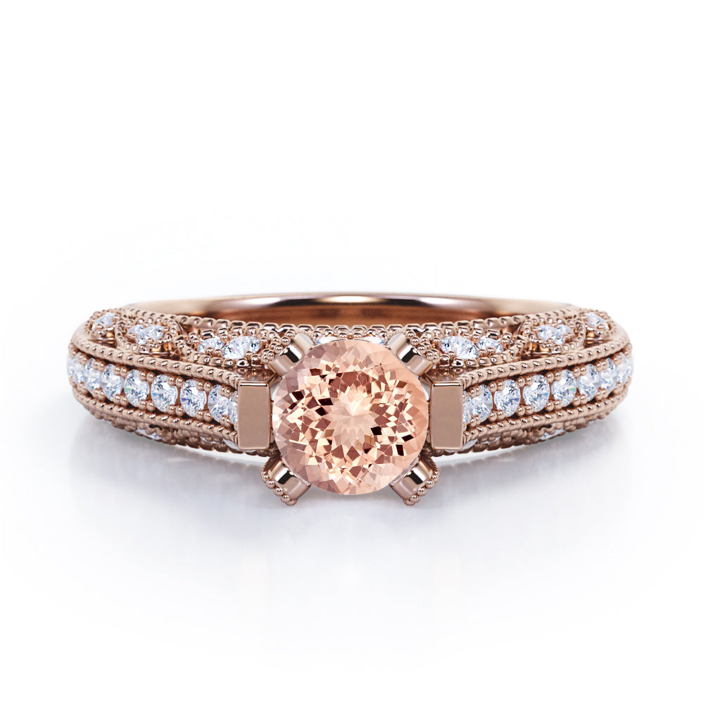 Beaded Four Prongs 1.40 Carat Round Cut Morganite And Diamond Vintage Art Deco Engagement Ring In White Gold