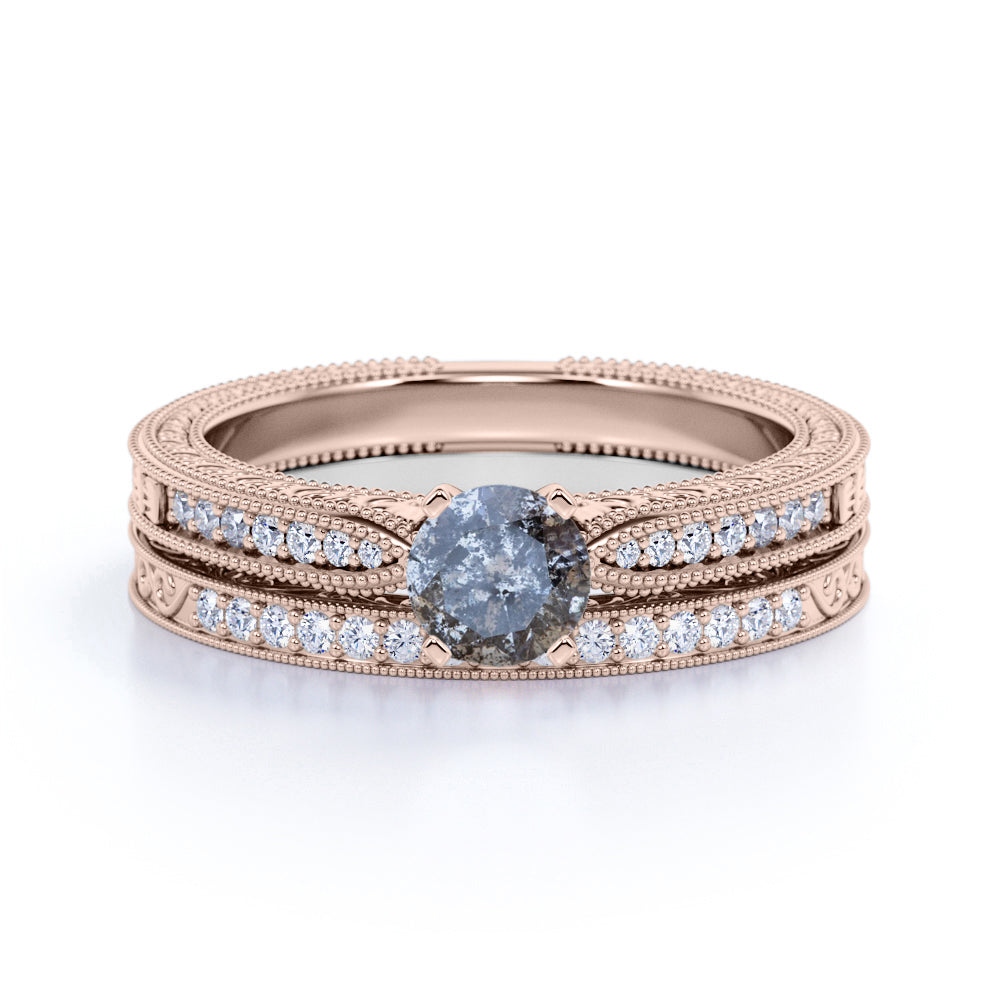 Art Deco 0.85 Ct Round Salt and Pepper Diamond Wedding Ring Set