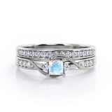 Trilogy Duo Milgrain 0.7 TCW Princess Cut Moonstone and Moissanite Vintage Bridal Ring Set in White Gold