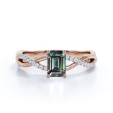 Twisted Infinity Solitaire 0.75 Carat Emerald Cut Lab Created Green Alexandrite and Semi Eternity Diamond Pave Engagement Ring in Rose Gold for Women