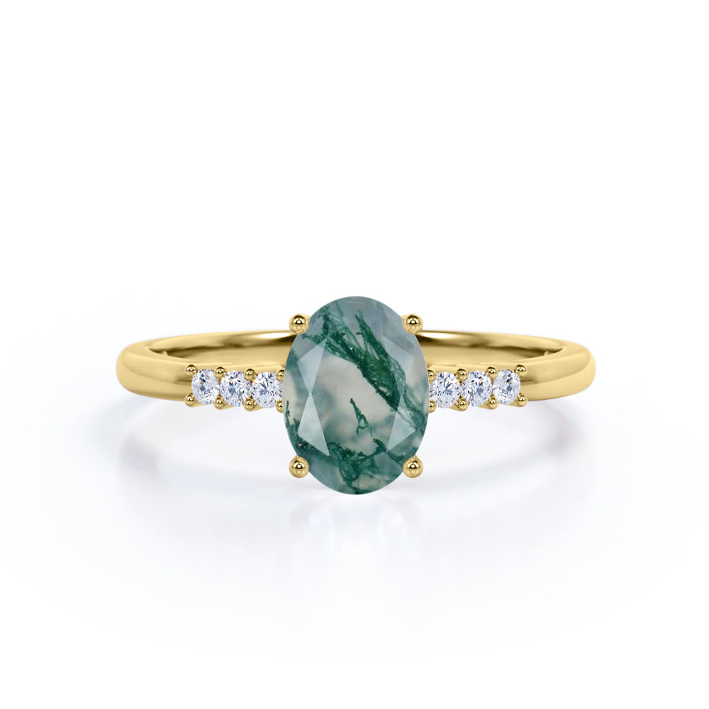 Seven Stone 1.15 Ct Oval Cut Moss Agate Engagement Ring