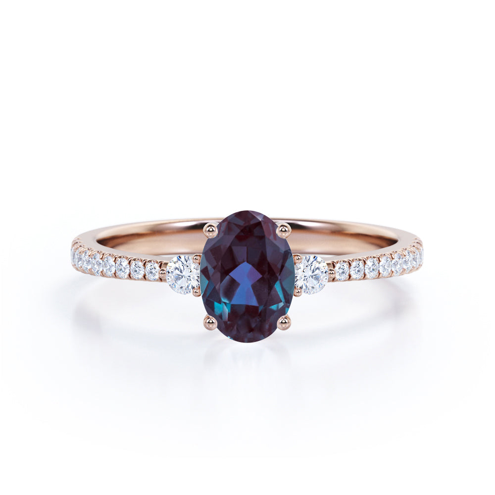 Affordable 1.40 Carat Oval Cut Lab Created Alexandrite And Diamond Four Prong Pave Engagement Ring In White Gold