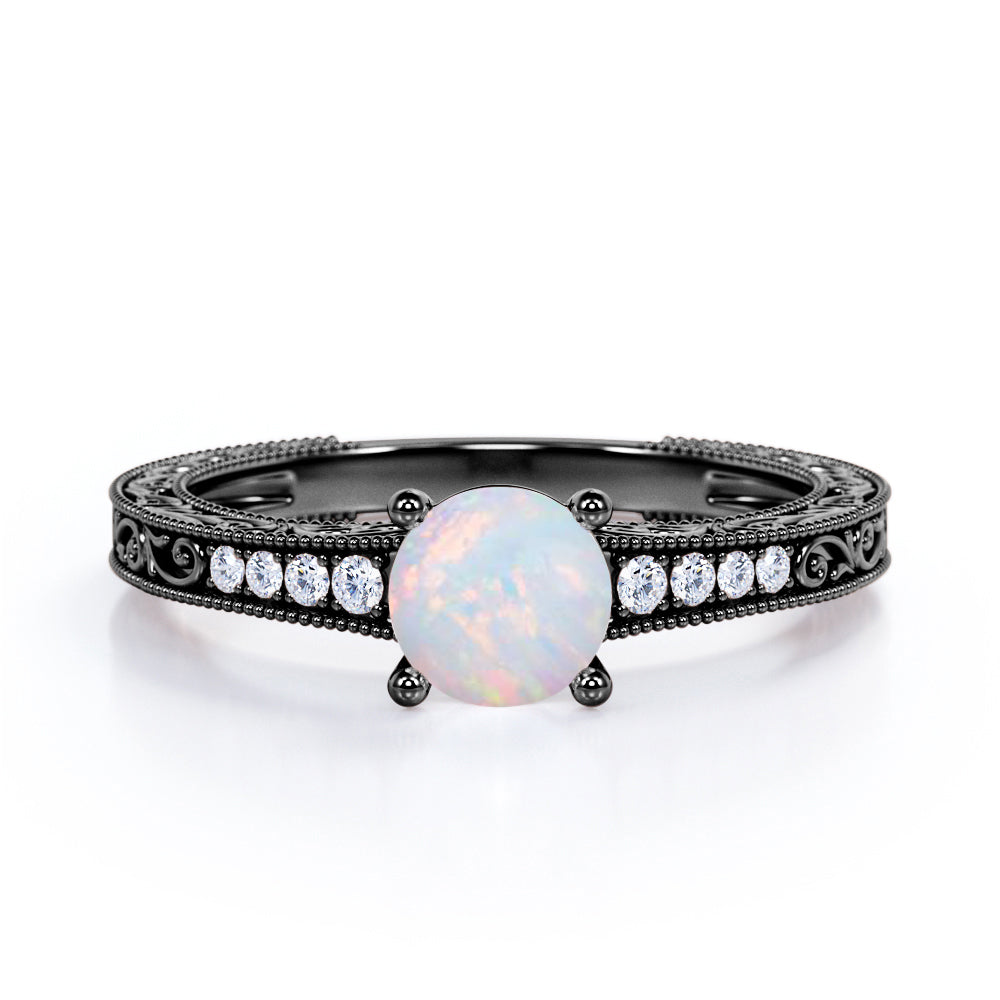 Affordable 4 Prong 1.25 Carat Round Cut Precious Fire Opal And Diamond Art Deco Style Vintage Engagement Ring In White Gold