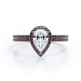 Scalloped Pave - 1.75 TCW Pear Shaped Moissanite with Lab Created Black Diamond - Halo Design Bridal Set in Rose Gold