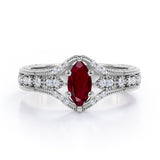 Beaded Framed 1.25 Carat Marquise Cut Lab Ruby And Diamond Vintage Filigree Engagement Ring In White Gold
