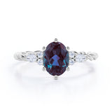 Unique Six Prong 1.35 Carat Oval Cut Lab Created Alexandrite And Diamond Seven Stone Rolled Engagement Ring In White Gold