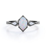 Elongated 1.10 Carat Hexagon Shaped Genuine Opal And Diamond Three Stone Trilogy Engagement Ring In Black Gold