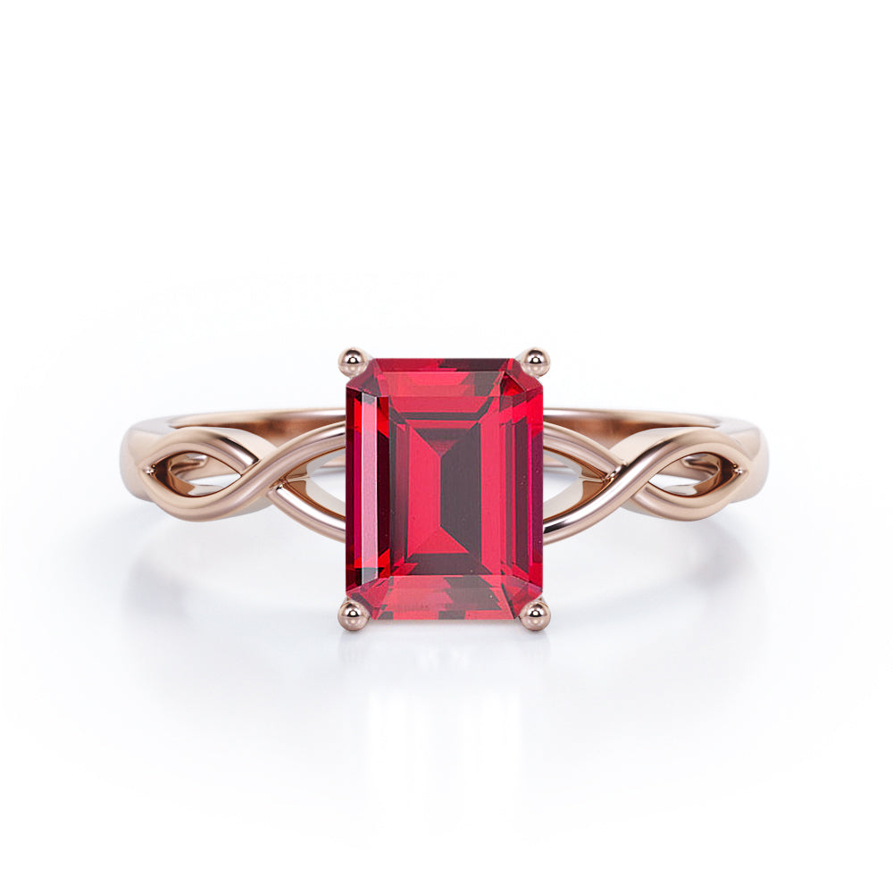Solitaire 1 Carat Emerald Cut Ruby Infinity Engagement Ring In White Gold