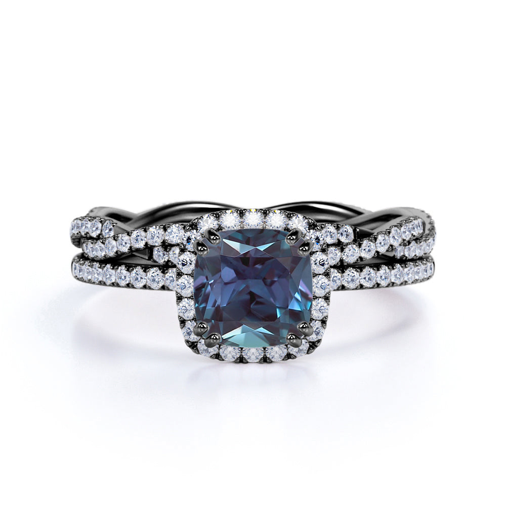 2 Ct Cushion Cut Lab Alexandrite Halo Bridal Set