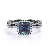 2 Ct Cushion Cut Lab Alexandrite Halo Bridal Set
