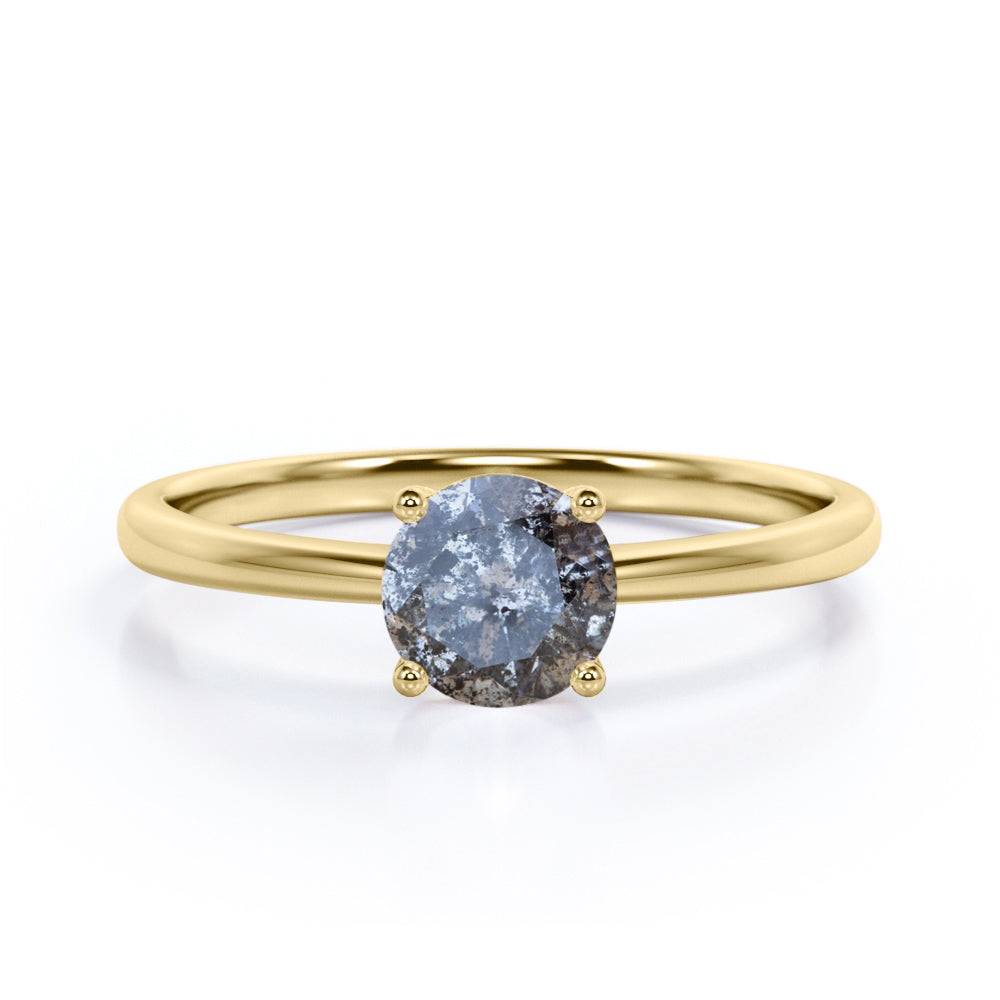 Minimalist 4 Prong Basket .50 Carat Round Cut Natural Black Salt and Pepper Diamond Solitaire Engagement Ring in White Gold for Her