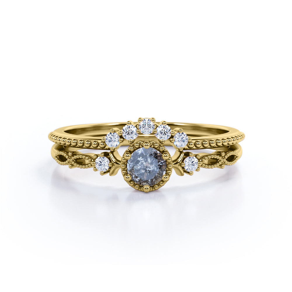 0.53 Ct Round Salt and Pepper Diamond Vintage Wedding Ring Set