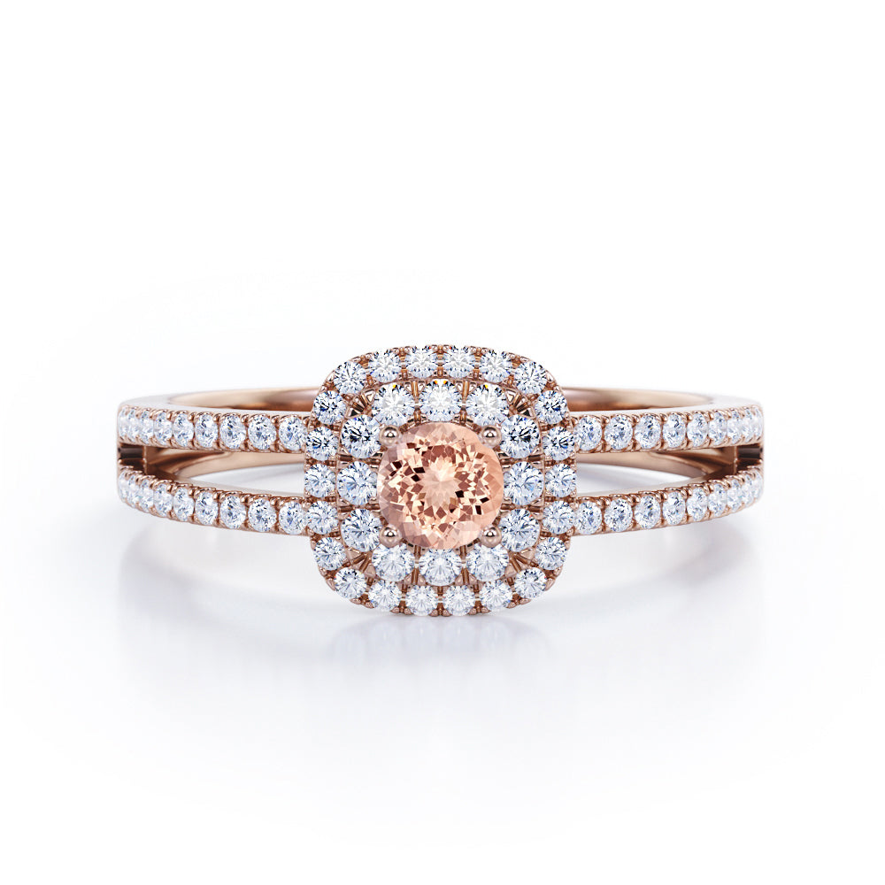 Double Halo 1.55 Carat Round Cut Morganite And Diamond Split Shank Engagement Ring In White Gold