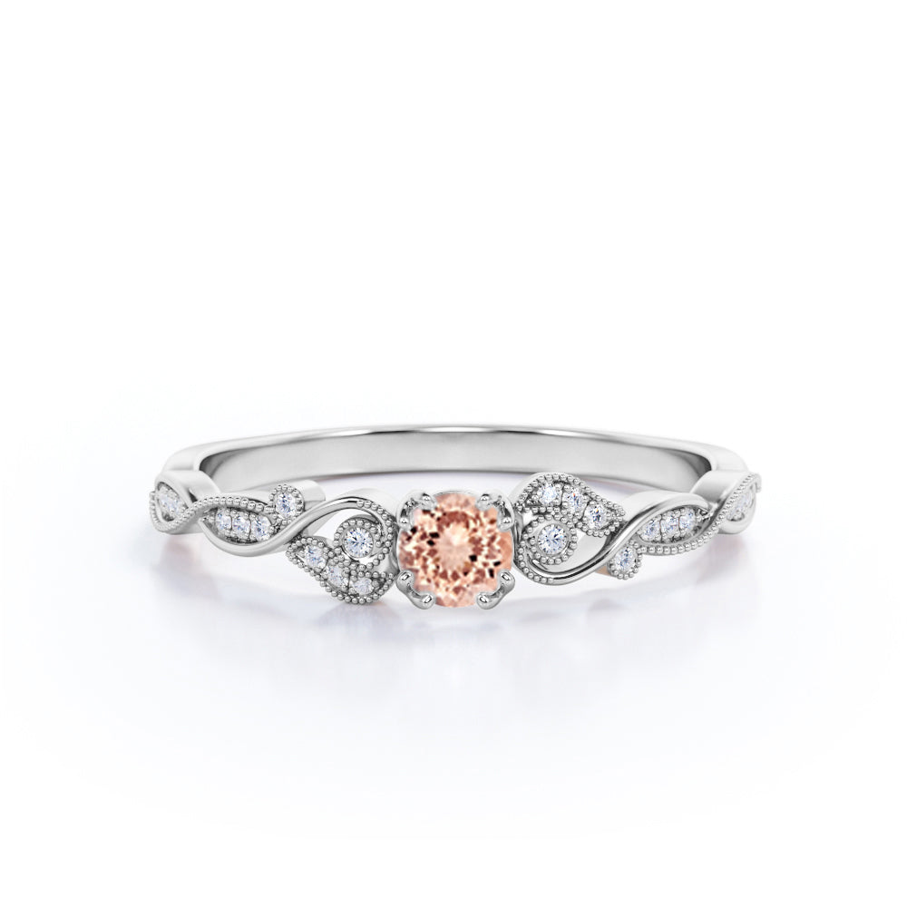 Unique 1.25 Carat Round Cut Peach Morganite and Diamond Engagement Ring in 10k Rose Gold Beautiful Dainty Ring