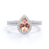 Halo 1.50 ct Pear Real Morganite Pave Bridal Set