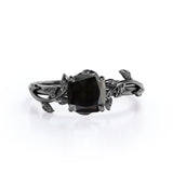 1 ct Cushion Lab Black Diamond Leaf Style Engagement Ring
