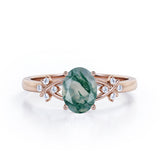 Luxurious Clover Lucky Leaf 0.5 carat Oval Moss Green Agate and Diamond Engagement Ring in Rose Gold