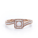 Flush-Prong Halo 1.25 Carat Round Cut Opal and diamond Milgrain-Edged Pave Channel Engagement Ring in White Gold