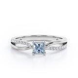 Twisted and Split Pinched Shank 0.65 carat Princess Aquamarine and Moissanites Elegant Engagement Ring in White Gold