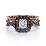 Filigree Twisted Pave 1.75 TCW Princess Cut Moissanite with Lab Created Black Diamond Rounded Square Double Halo Bridal Set in Rose Gold