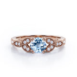 Floral Pattern 1.35 Carat Round Cut Aquamarine And Diamond Beaded Art Deco Engagement Ring In Rose Gold