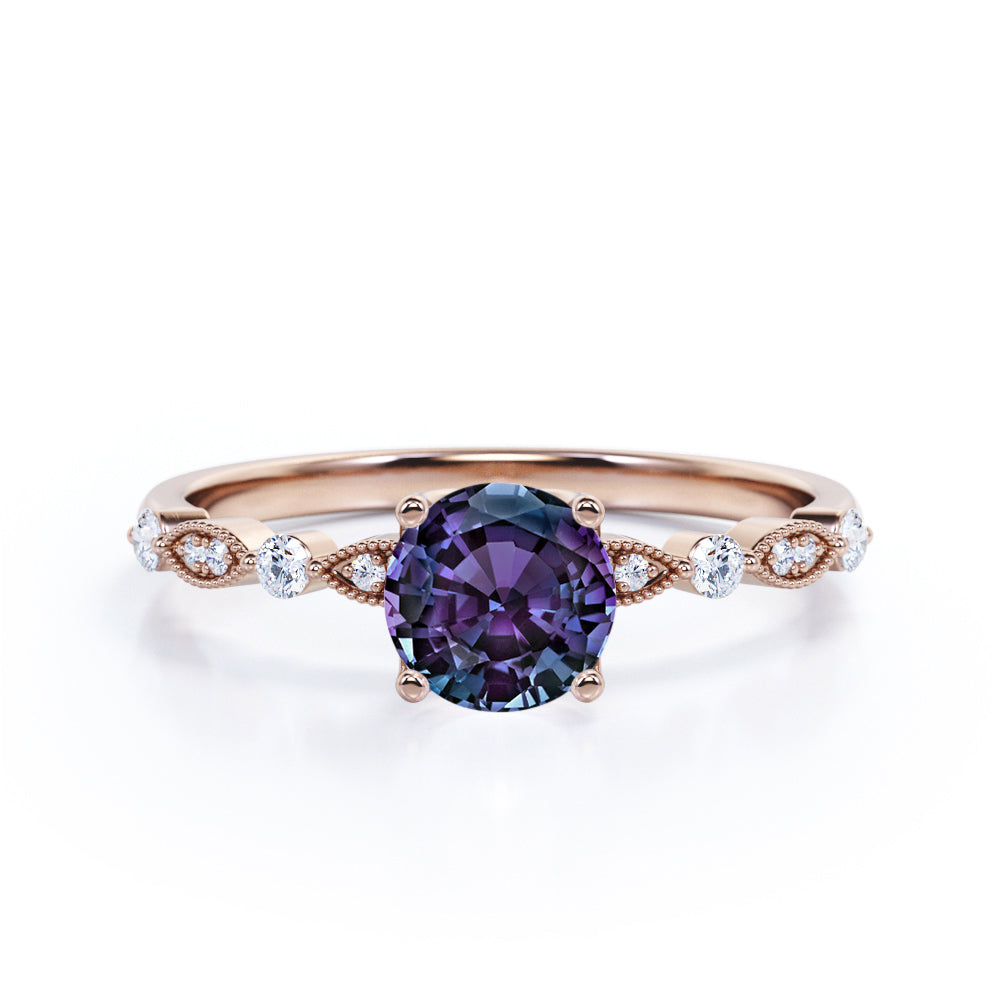 Four Prong 1.25 Carat Round Cut Lab Created Alexandrite And Diamond Modern Art Deco Engagement Ring In White Gold