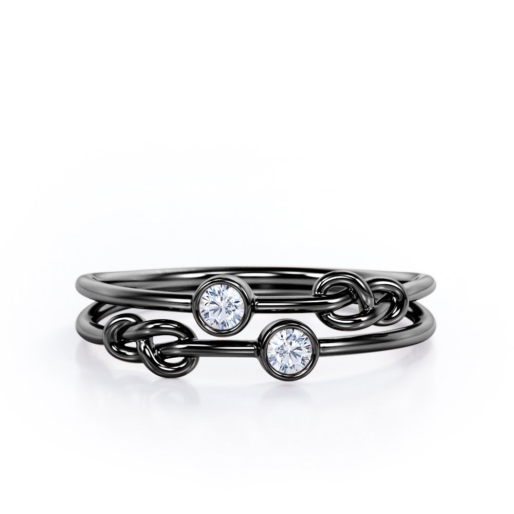 Twin Bezel Set Two Stone 0.10 carat Round Moissanite/Diamond Tied Rope Dainty Ring in Rose Gold