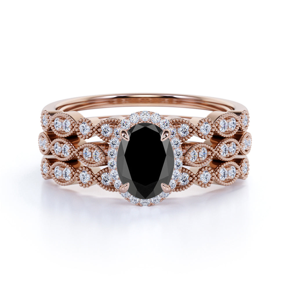 Bestselling 2 Carat Oval cut Lab Black Diamond Trio Wedding Ring Set in White Gold