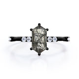 Asymmetric Six Prong 1.10 Carat Hexagon Cut Natural Black Rutilated Quartz And Diamond Seven Stone Engagement Ring In Black Gold