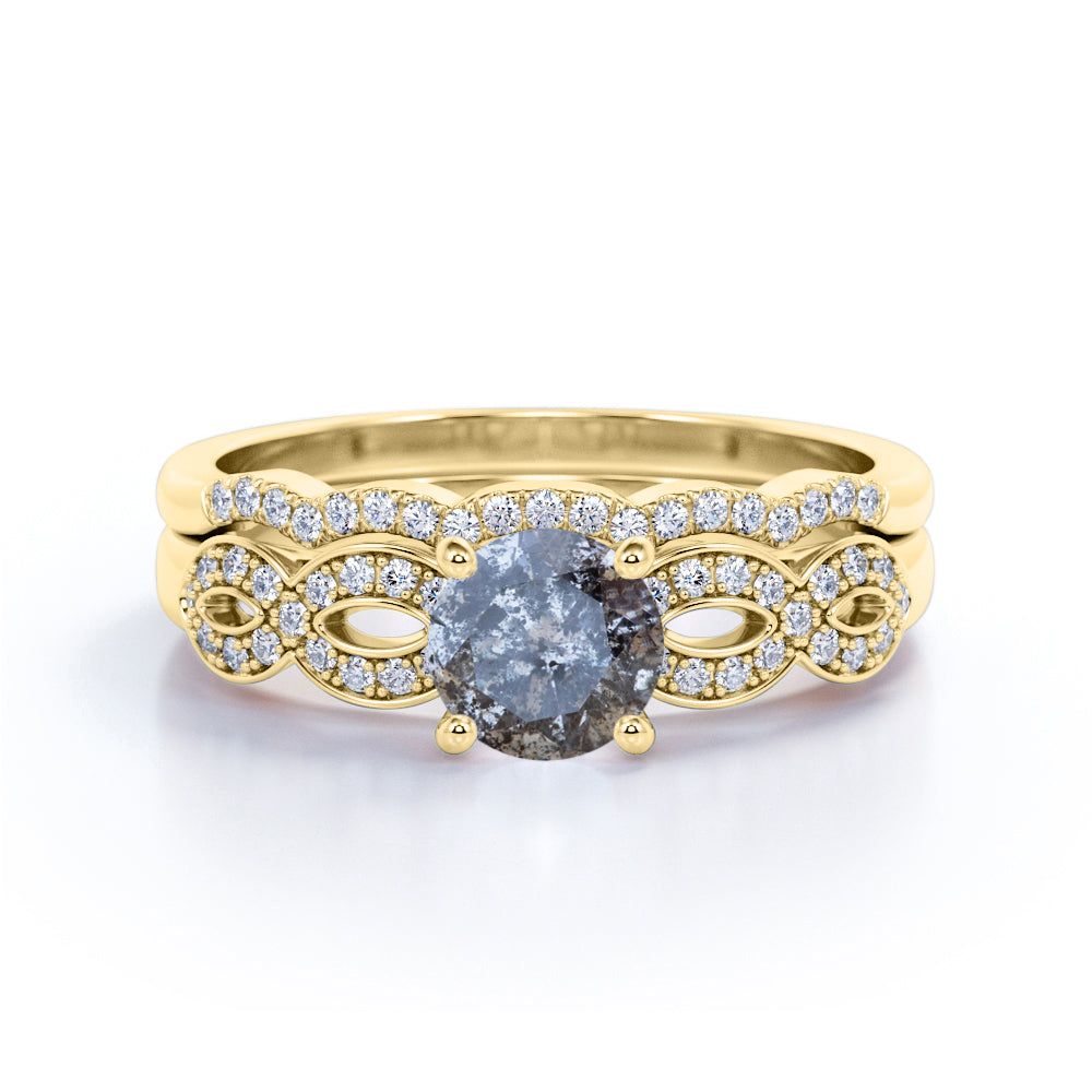 0.85 Ct Round Cut Salt and Pepper Diamond Twisted Wedding Ring Set