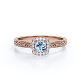 Vintage 1.10 Carat Round Cut Aquamarine And Diamond Halo Engagement Ring In White Gold