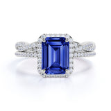 Timeless Halo Set 2.25 Carat Emerald Cut Sapphire and Diamond Micro Pave Bridal Ring Set with Infinity Band in White Gold