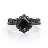 Vintage Flower Cluster 1.75 TCW Cushion Cut Lab Created Black Diamond Scalloped Pave Bridal Set in White Gold