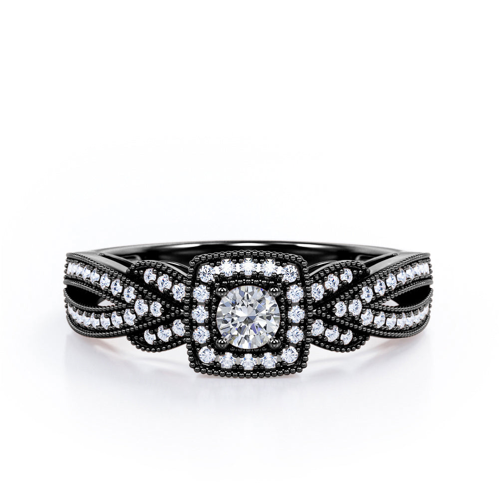 Extravaganza Milgrain Bordered - 1.45 Carat Round Brilliant Cut Moissanite and diamond - Halo Pave Channel Engagement Ring in Black Gold