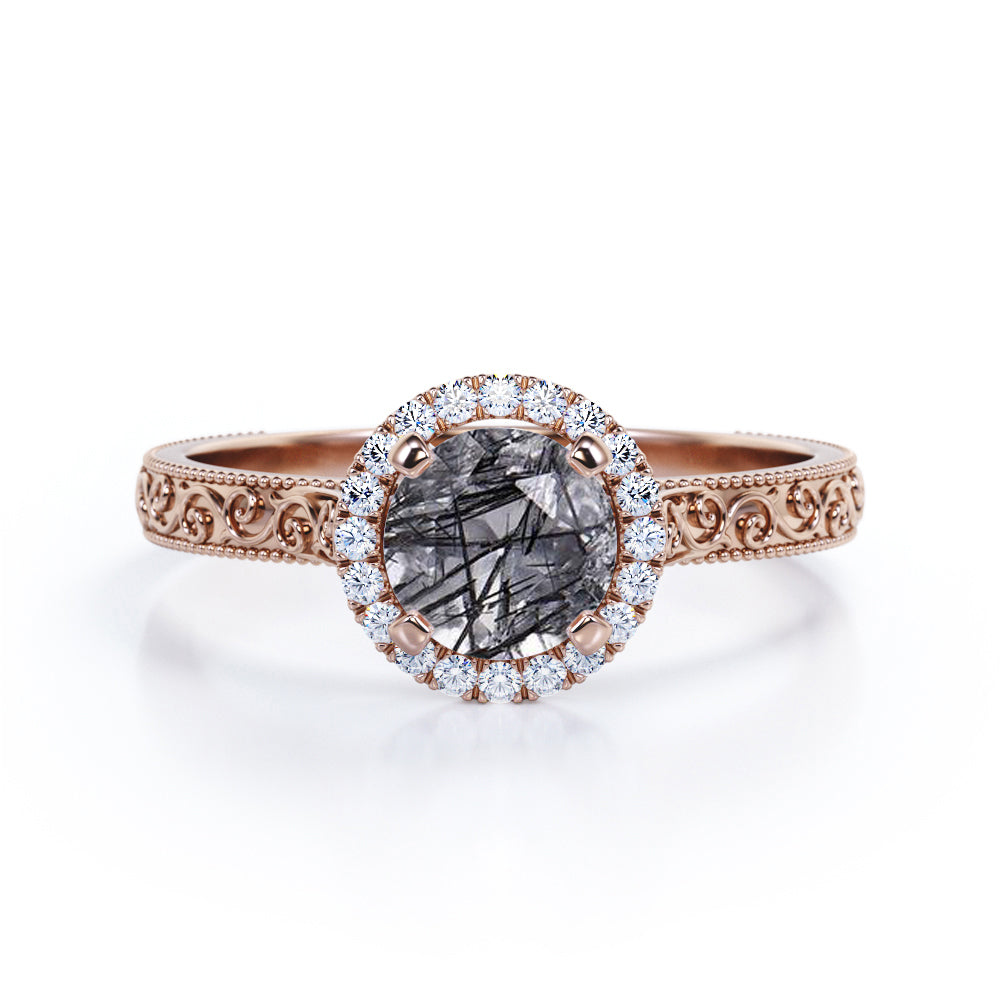 Modern Art Deco 1.25 Carat Round Cut Genuine Black Rutilated Quartz And Diamond Halo Engagement Ring In White Gold
