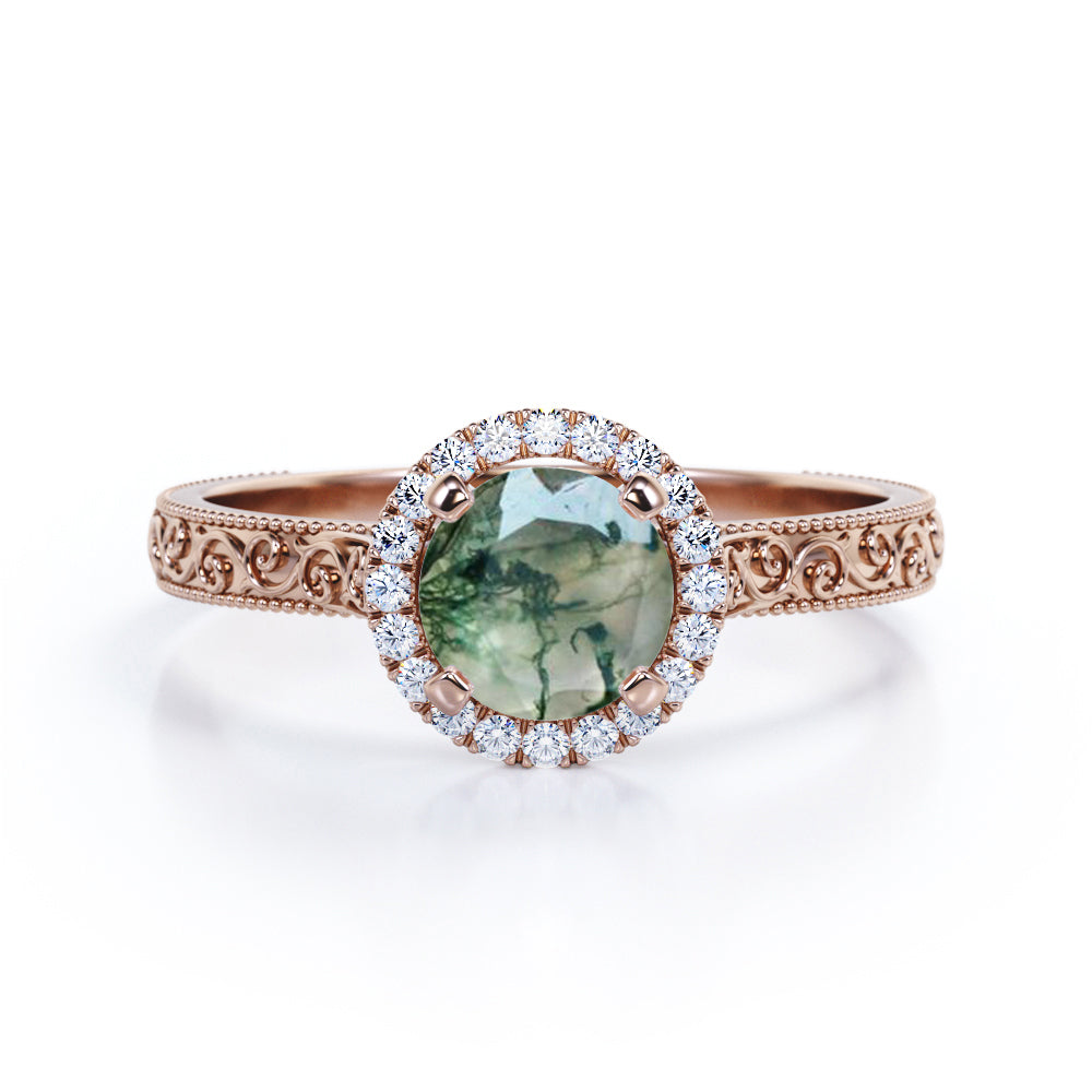 Vintage Milgrain 1 Carat Round Moss Agate and Moissanite Engagement Ring in White Gold
