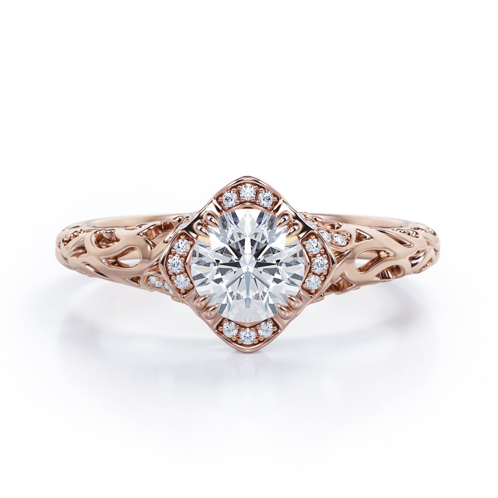 Modern Art Deco 1.10 Carat Round Cut Moissanite And Diamond Cushion Framed Halo Engagement Ring In White Gold