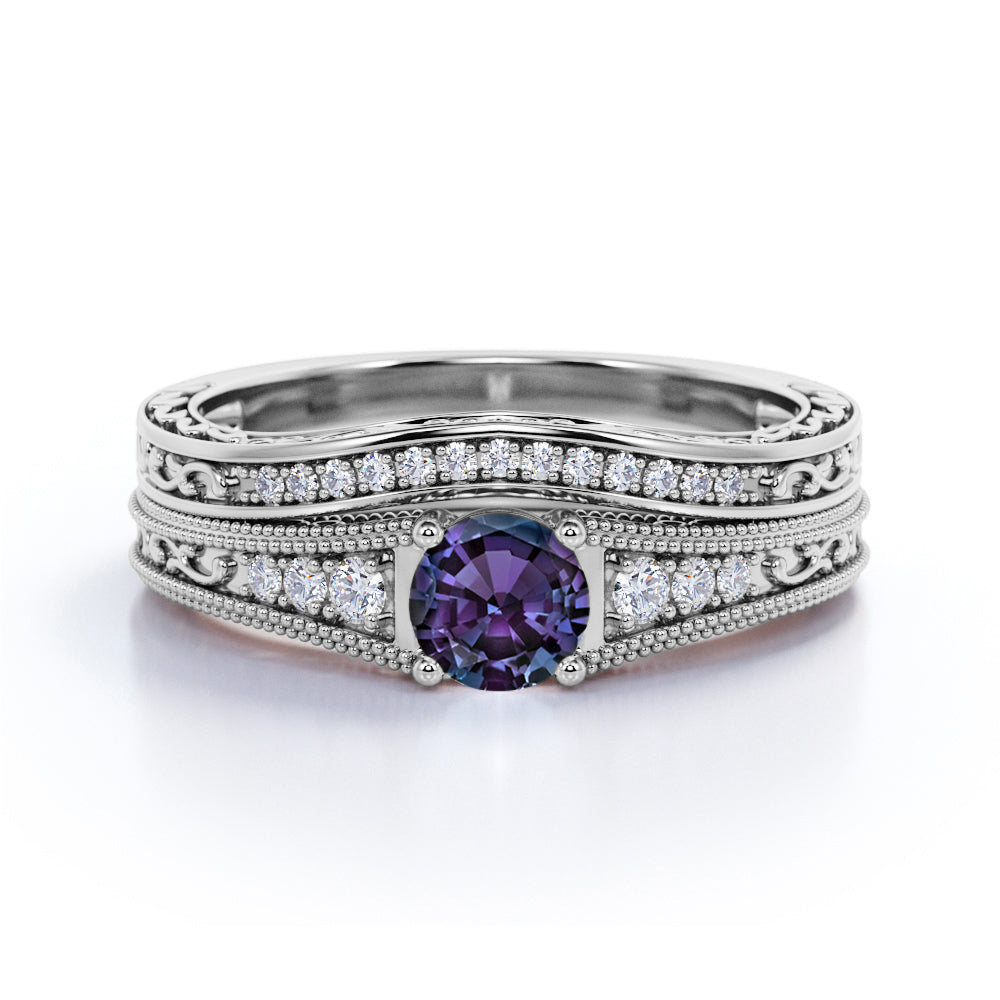 Antique Art Deco 1.50 Carat Round Cut Lab Created Purple Alexandrite with Diamond Milgrain Filigree Wedding Ring Sets - Bridal Set Rings in Rose Gold